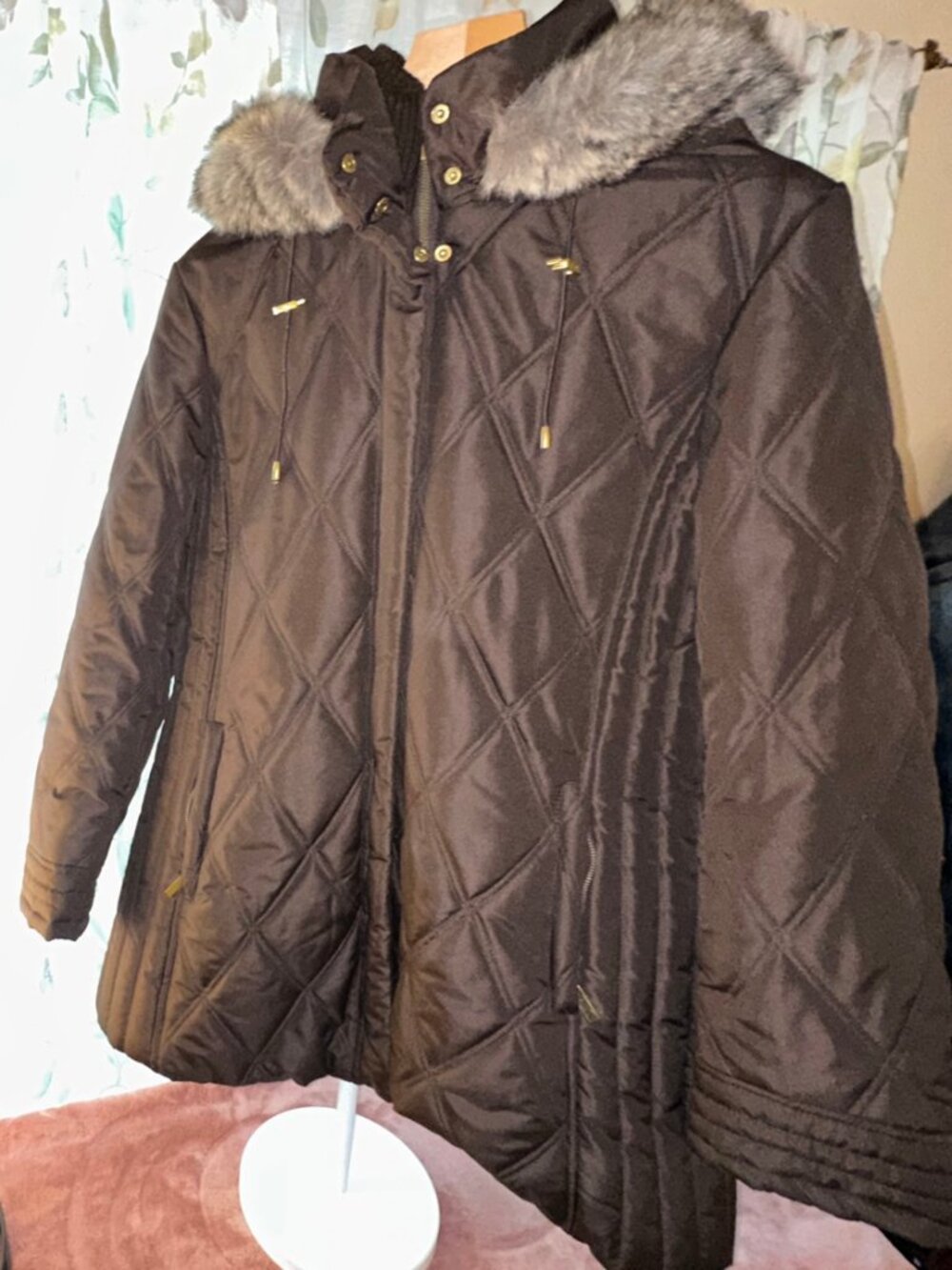 Classic Elements Brown Quilted Coat Faux Fur Hood Diamond Puffer L